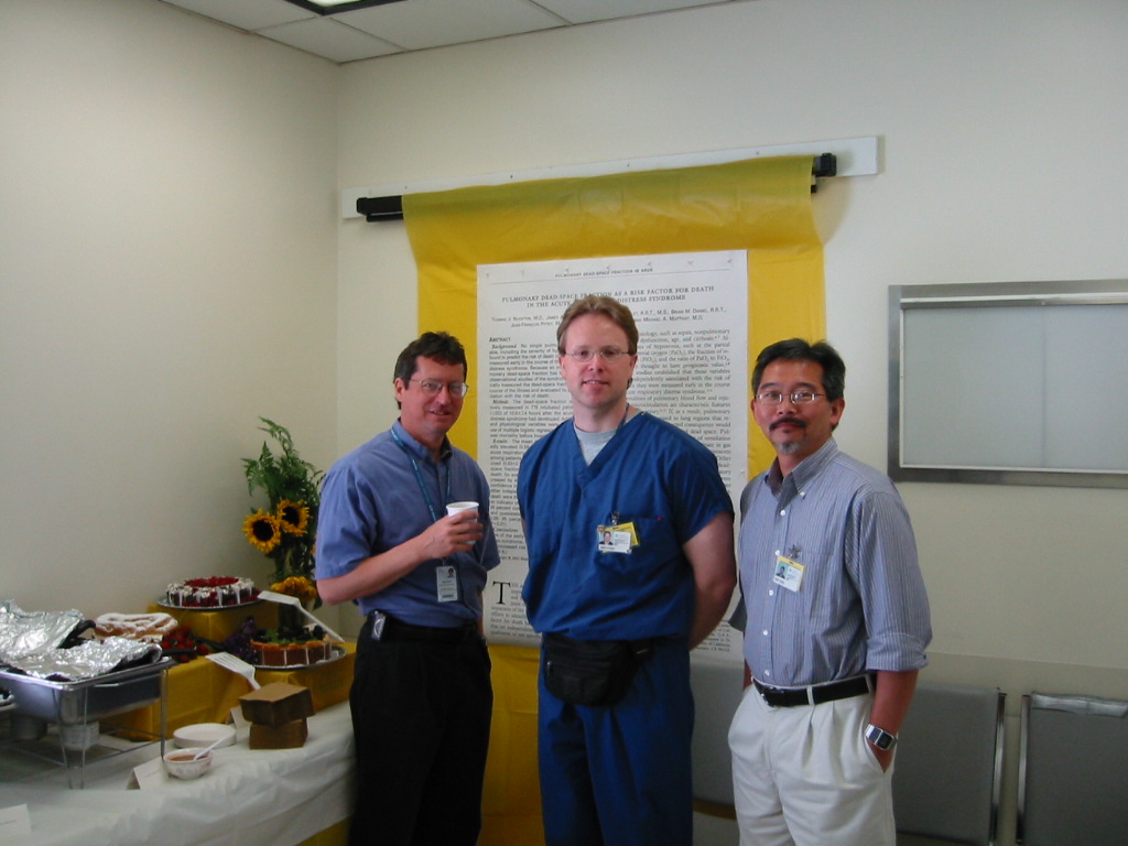 RCS researchers Rich Kallet, James Alonso and Mark Siobal celebrating the publication of the  ARDS dead-space paper in the New England J of  Medicine (Circa 2002)