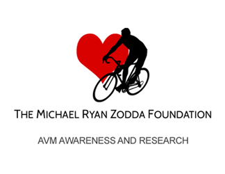 Outline of a large red heart and a black outline of a person riding a bicycle with text the michael ryan zodda foundation for avm awareness