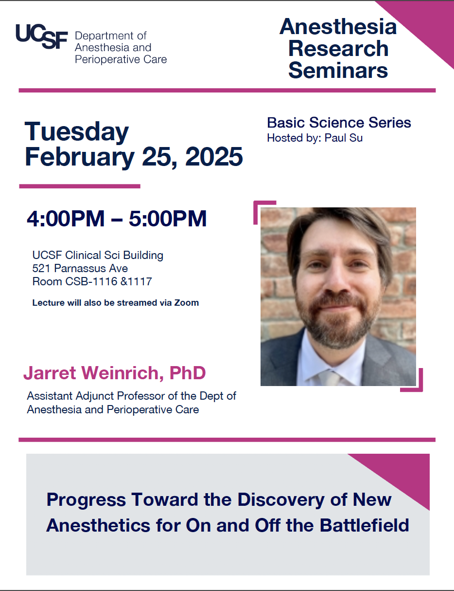 Research seminar flyer featuring a man with brown hair and beard wearing a suit and tie