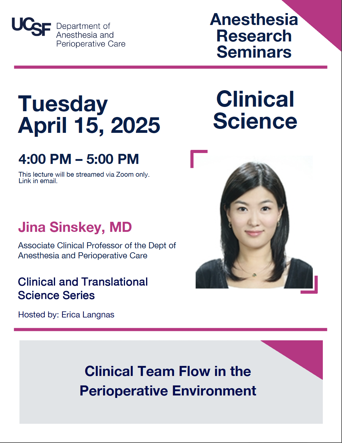 Event flyer featuring headshot of woman with long black hair.