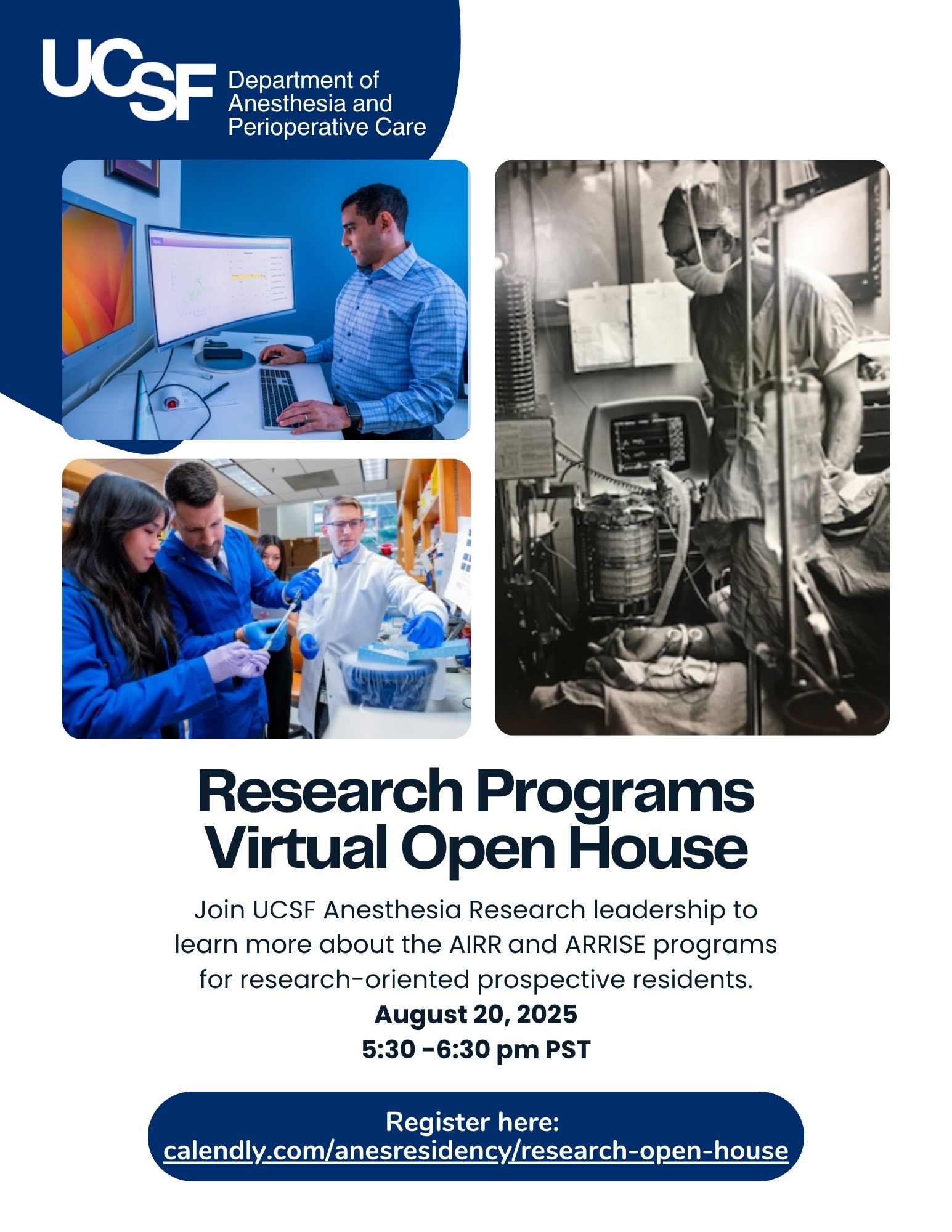 Event flyer with images of people in research medical settings.
