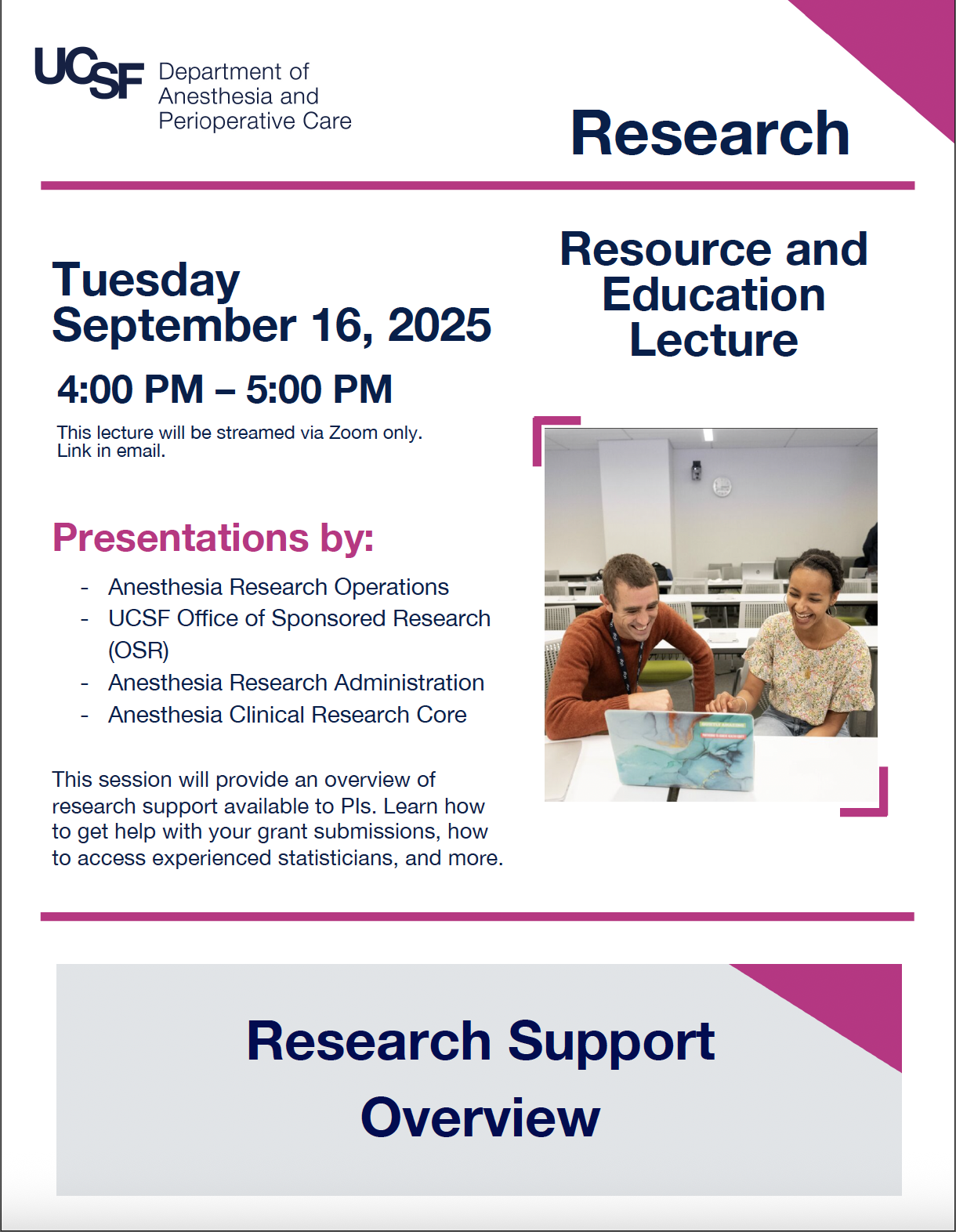 Event flyer with image of two people smiling and working at a computer together.