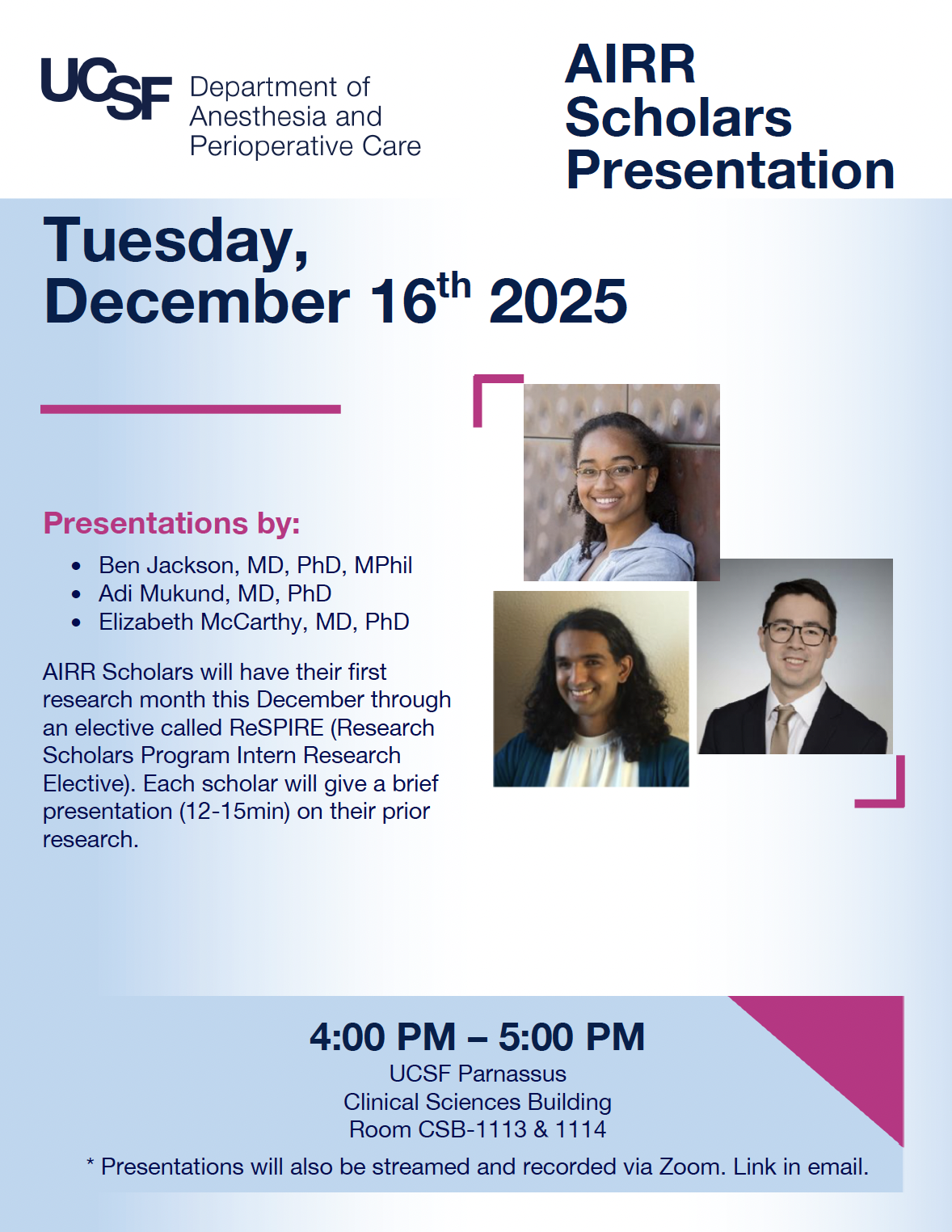 Event flyer featuring headshots of three speakers