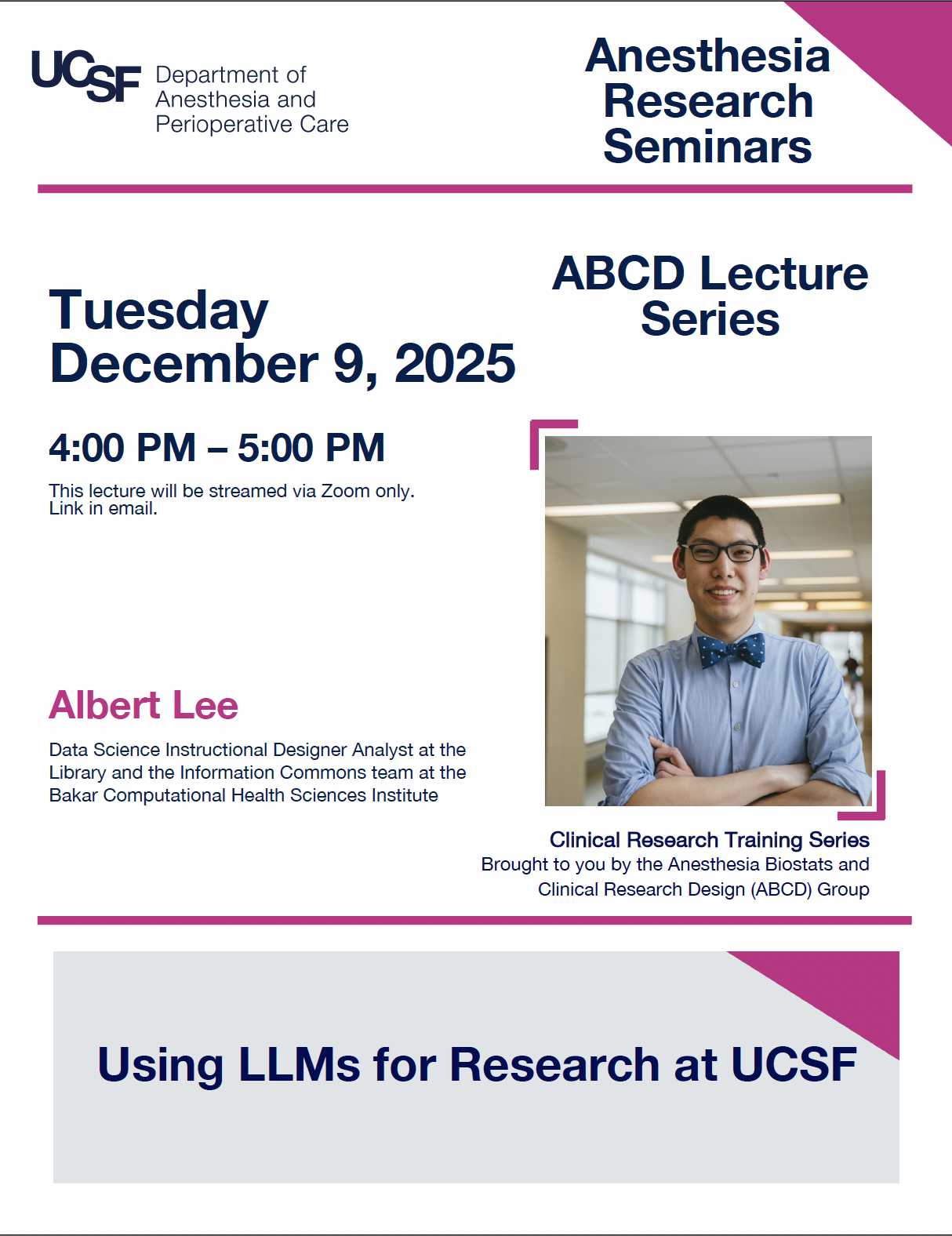 Event flyer featuring smiling man with short black hair wearing glasses and a bow tie.