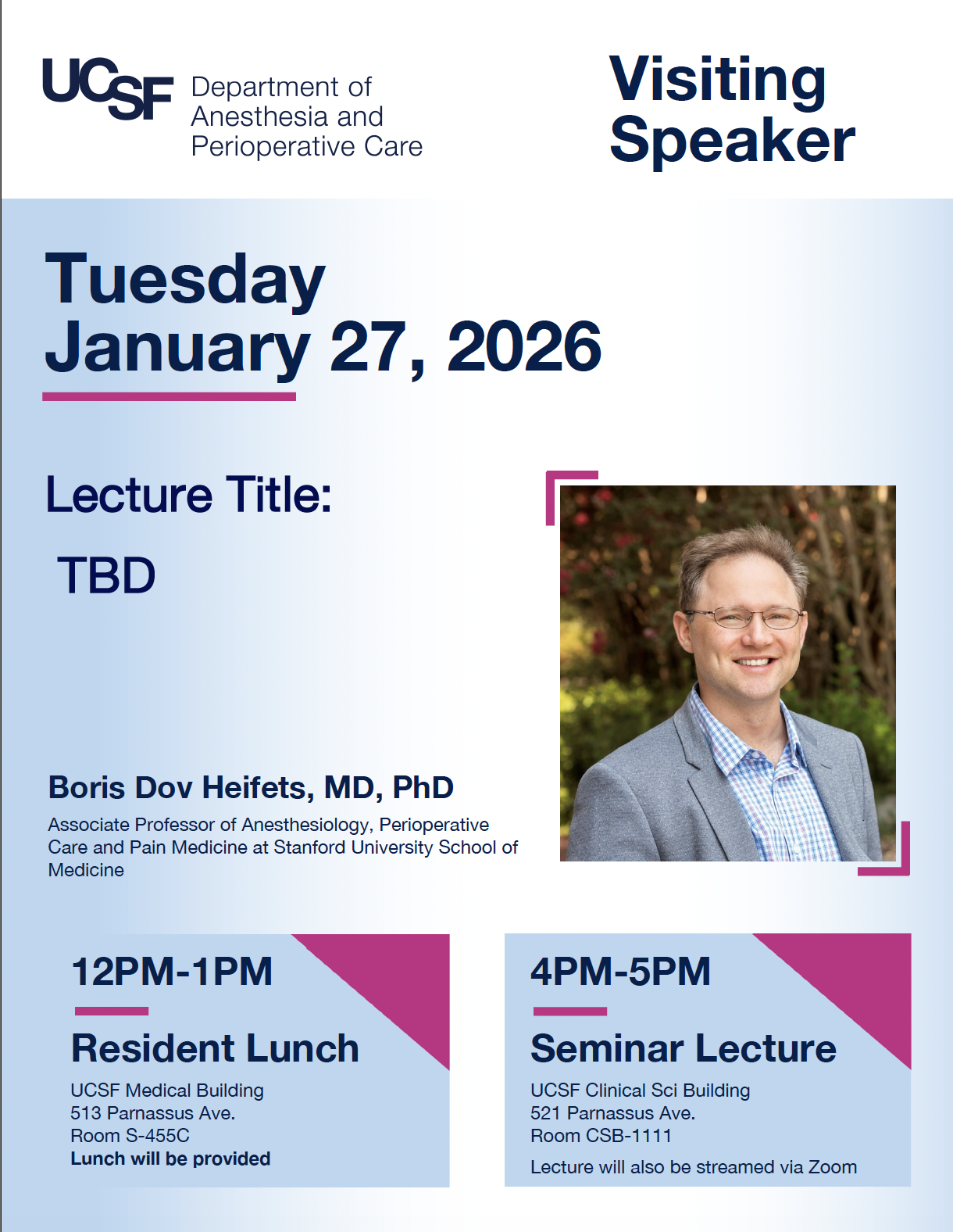 Event flyer featuring man with short brown hair, smiling and wearing a gray suit over a light blue shirt with plants in the background.
