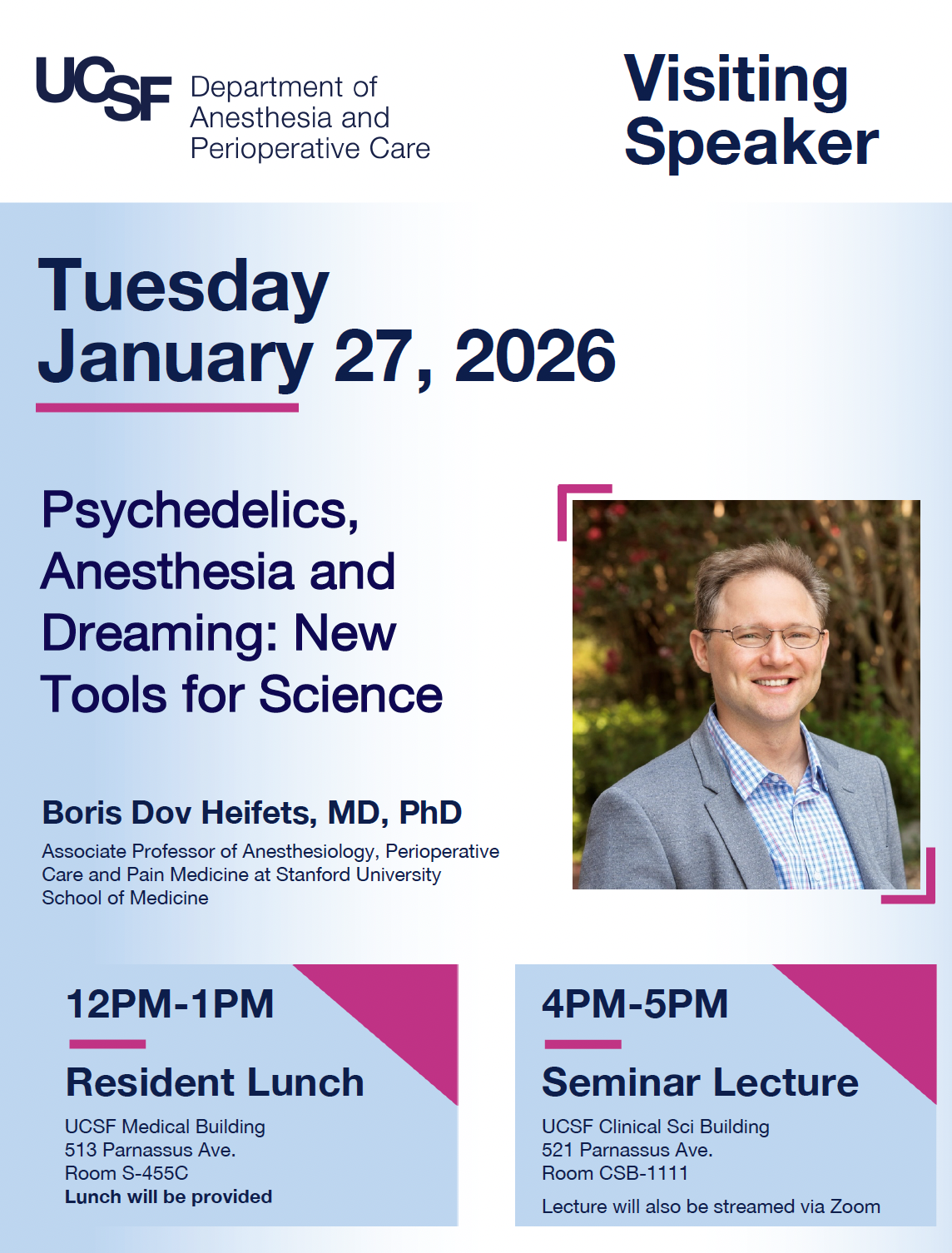 Event flyer featuring man with short brown hair, smiling and wearing a gray suit over a light blue shirt with plants in the background.