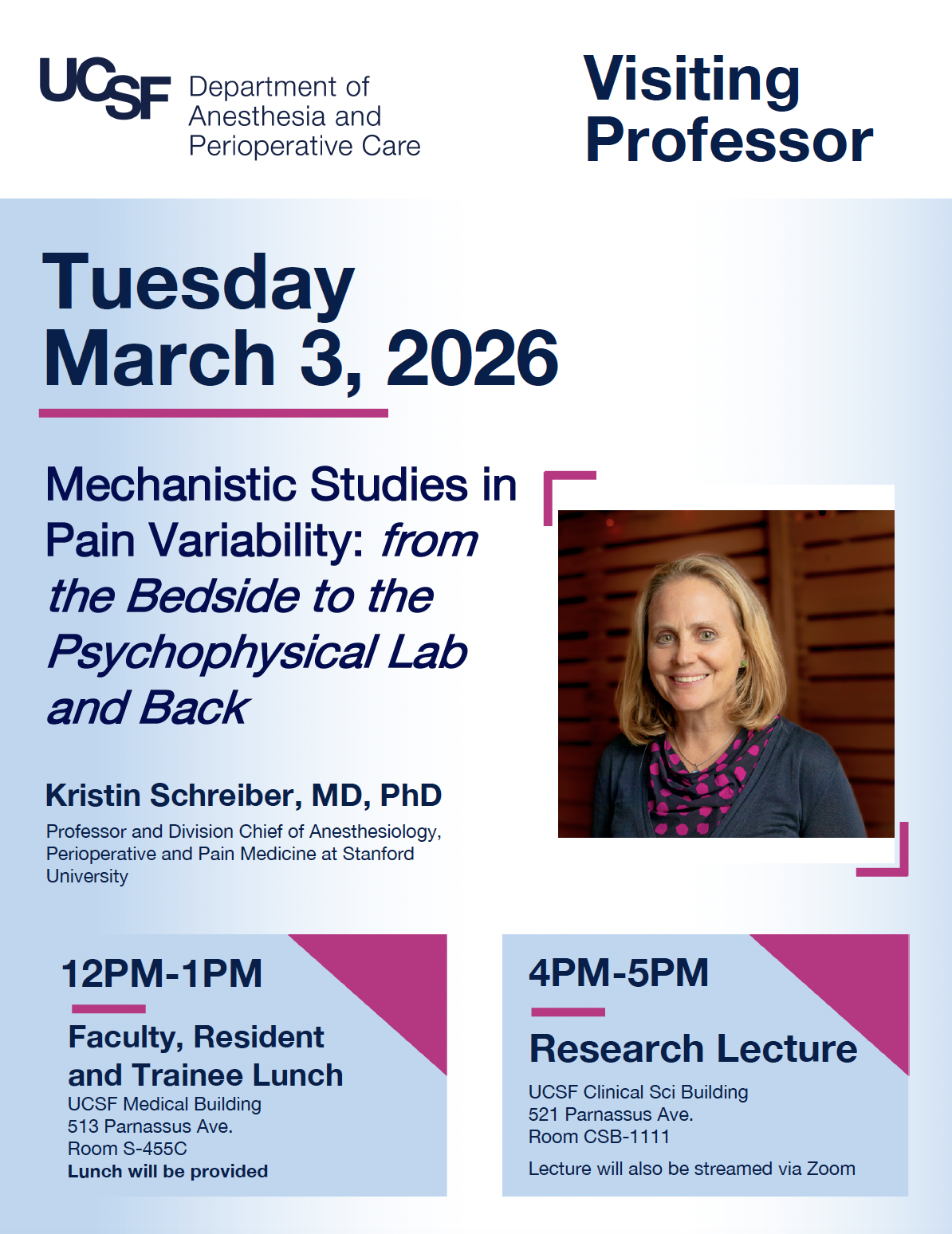 Event flyer featuring a smiling woman with shoulder length blonde hair.