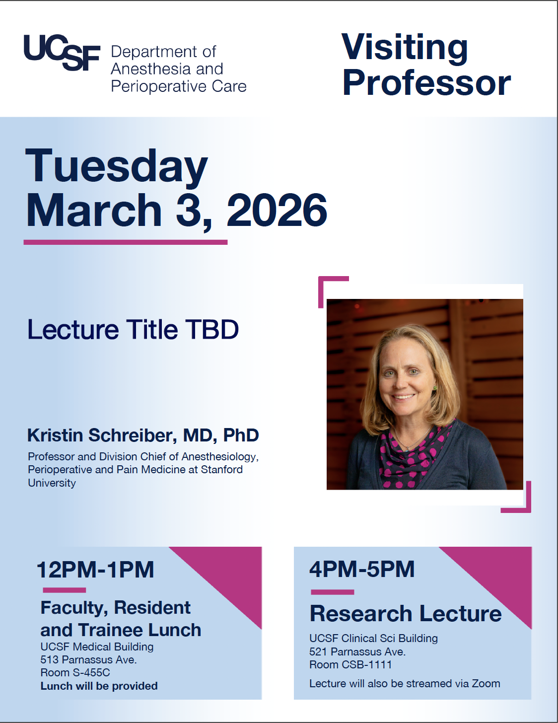 Event flyer featuring a smiling woman with shoulder length blonde hair.