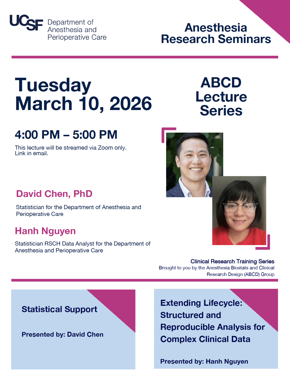 Event flyer featuring a smiling man wearing a blue shirt and jacket and a woman with glasses wearing a red sweater.