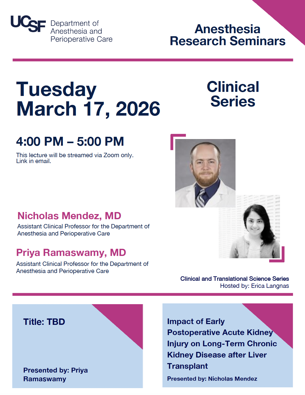Event flyer featuring a man with a beard wearing a lab coat and a woman with long dark hair wearing a sweater.