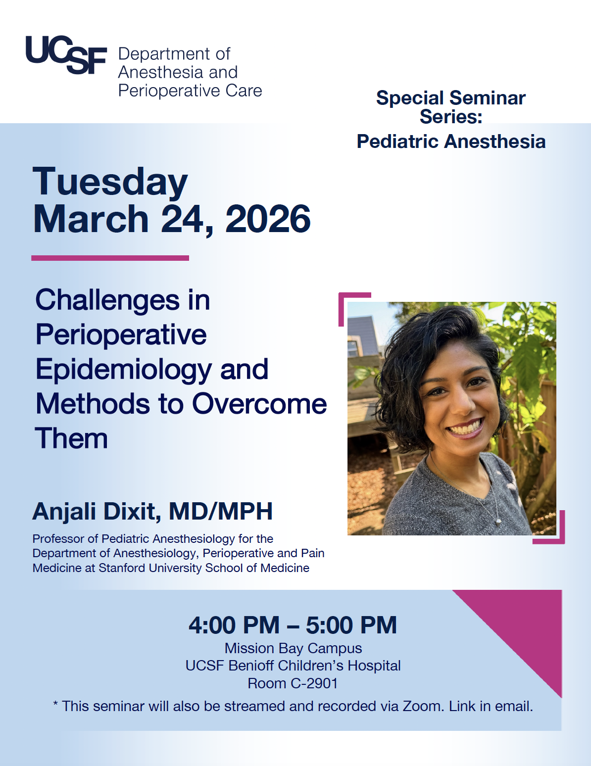 Event flyer featuring a smiling person with wavy black hair cut in a bob with plants in the background. 