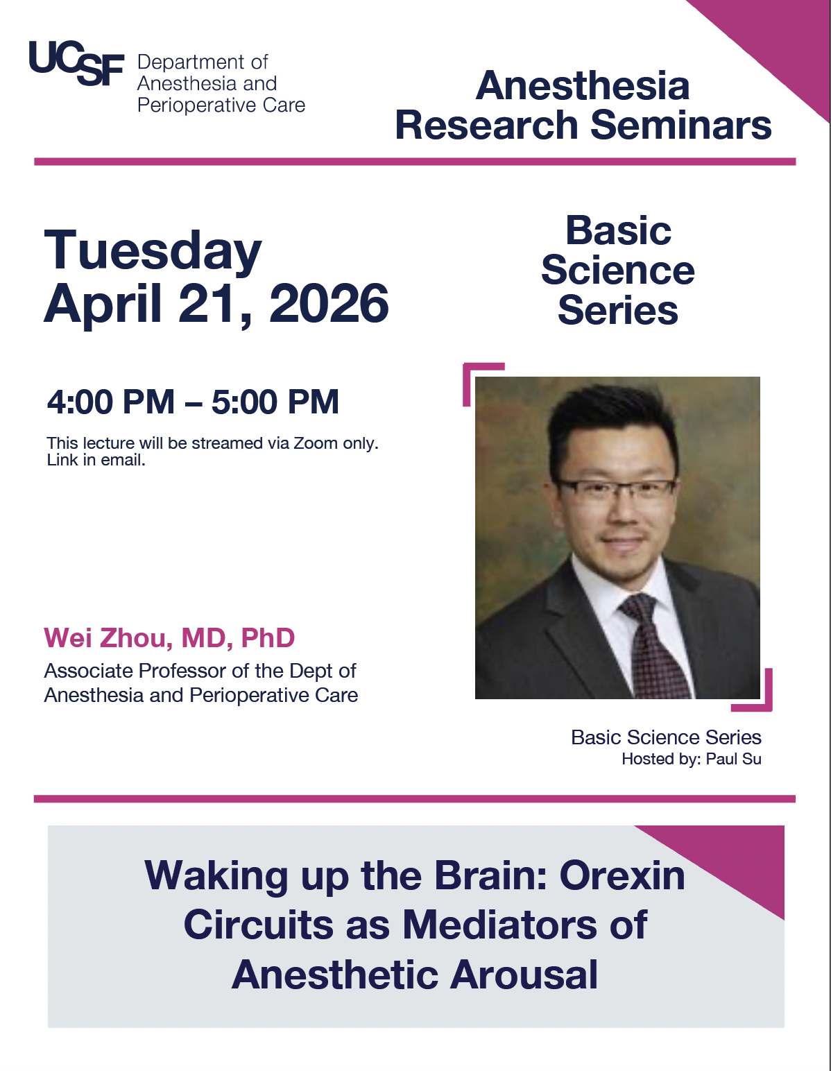 Event flyer featuring a man wearing a suite, tie and glasses.