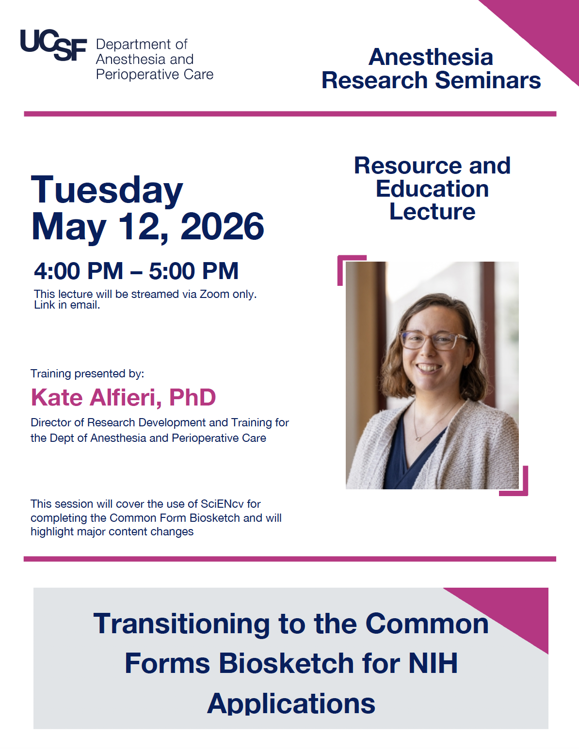 Event flyer feature smiling woman with shoulder length brown hair wearing glasses and a beige sweater over a blue top.