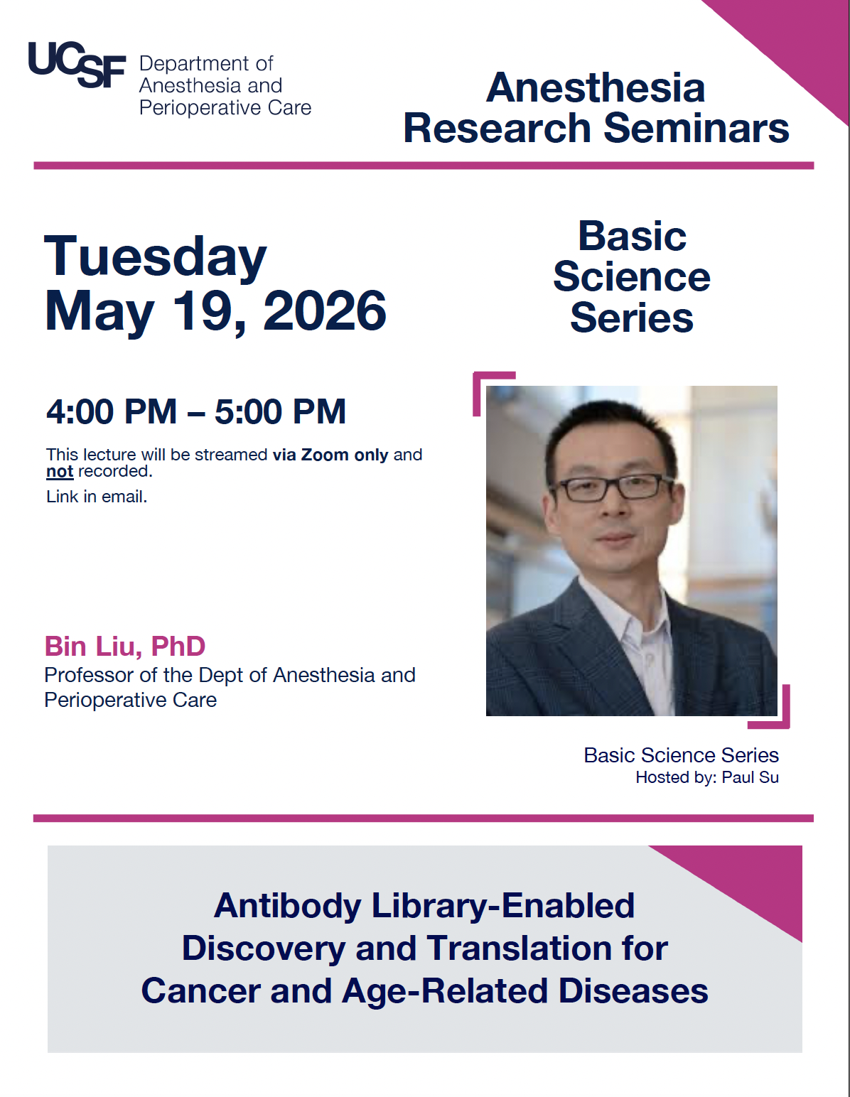 Event flyer featuring a man with short black hair wearing glasses and a dark suit jacket over a white shirt.