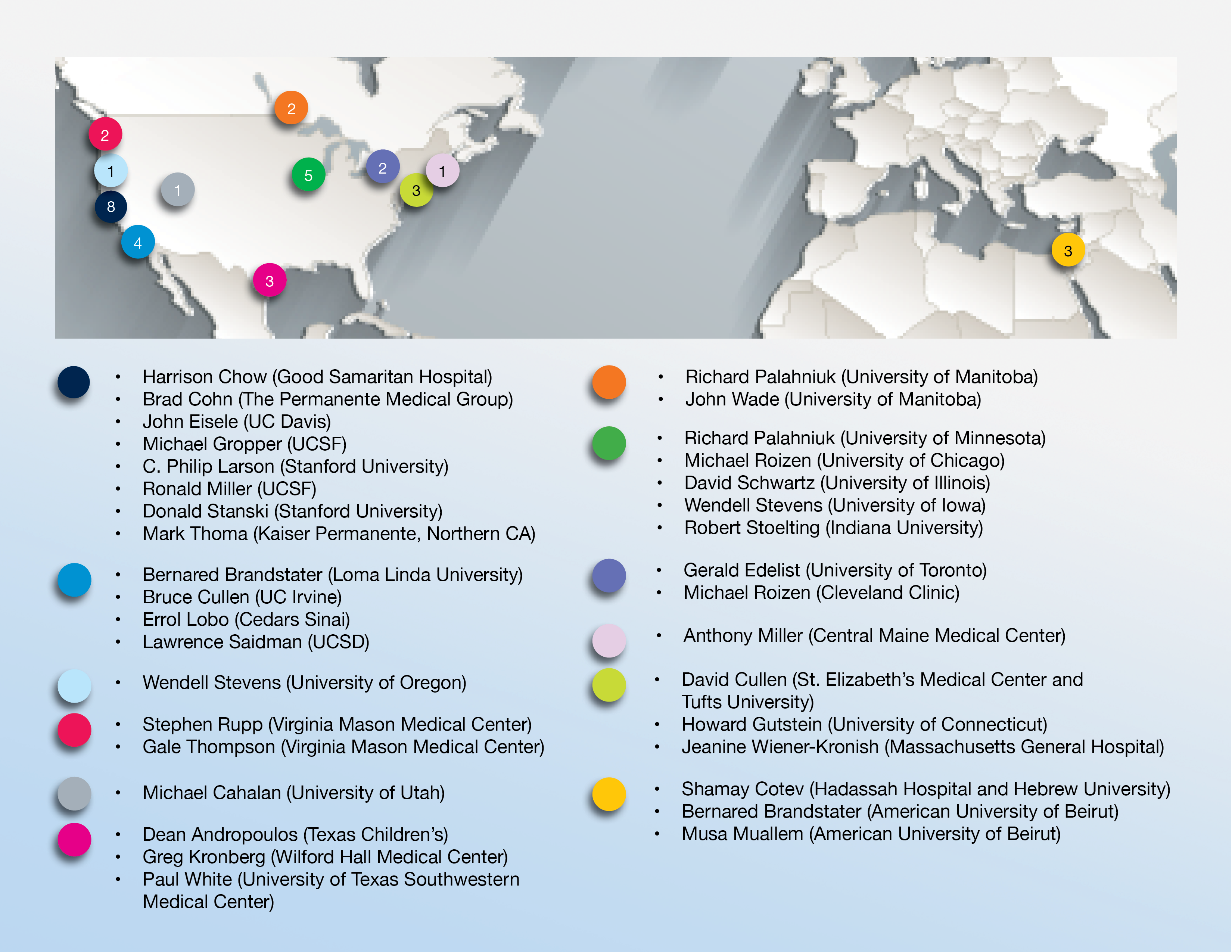A map of North America, Europe and North Africa showing the locations of cities where alumni and former faculty have chaired departments.