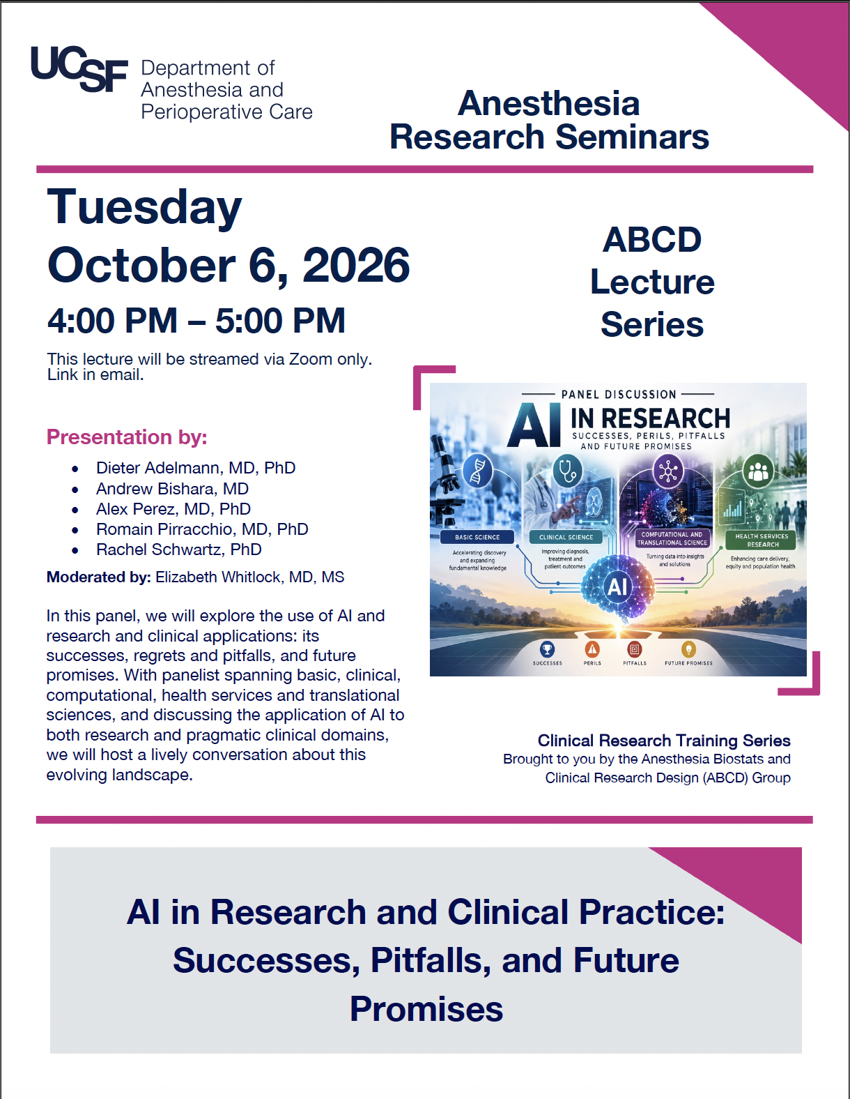 Event flyer featuring an busy ai generated image with lots of colors and icons, reading "AI in research, success, perils, pitfalls and future promises."