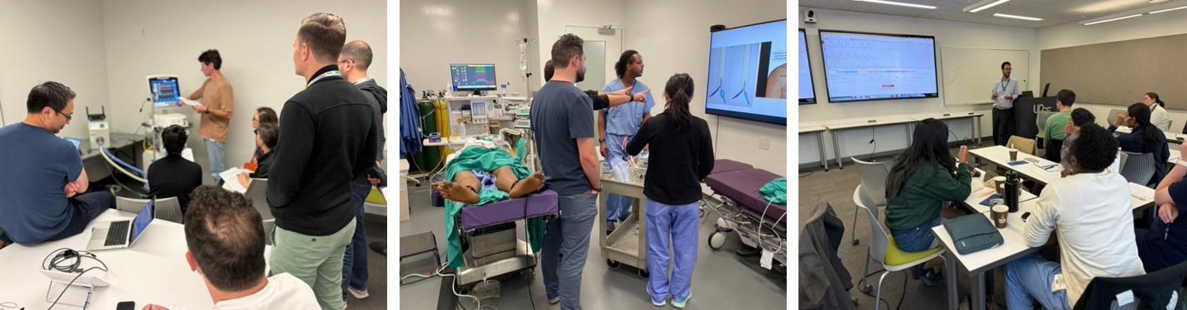 A triptych of groups of fellows in class room and simulation lab settings.