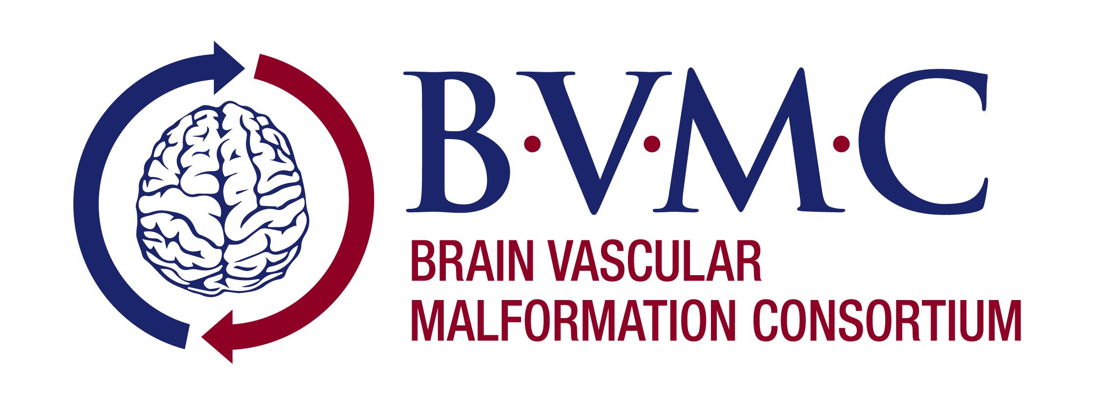 Brain vascular malformation consortium BVMC logo in blue and red with two arrows wrapping around a drawing of a brain 