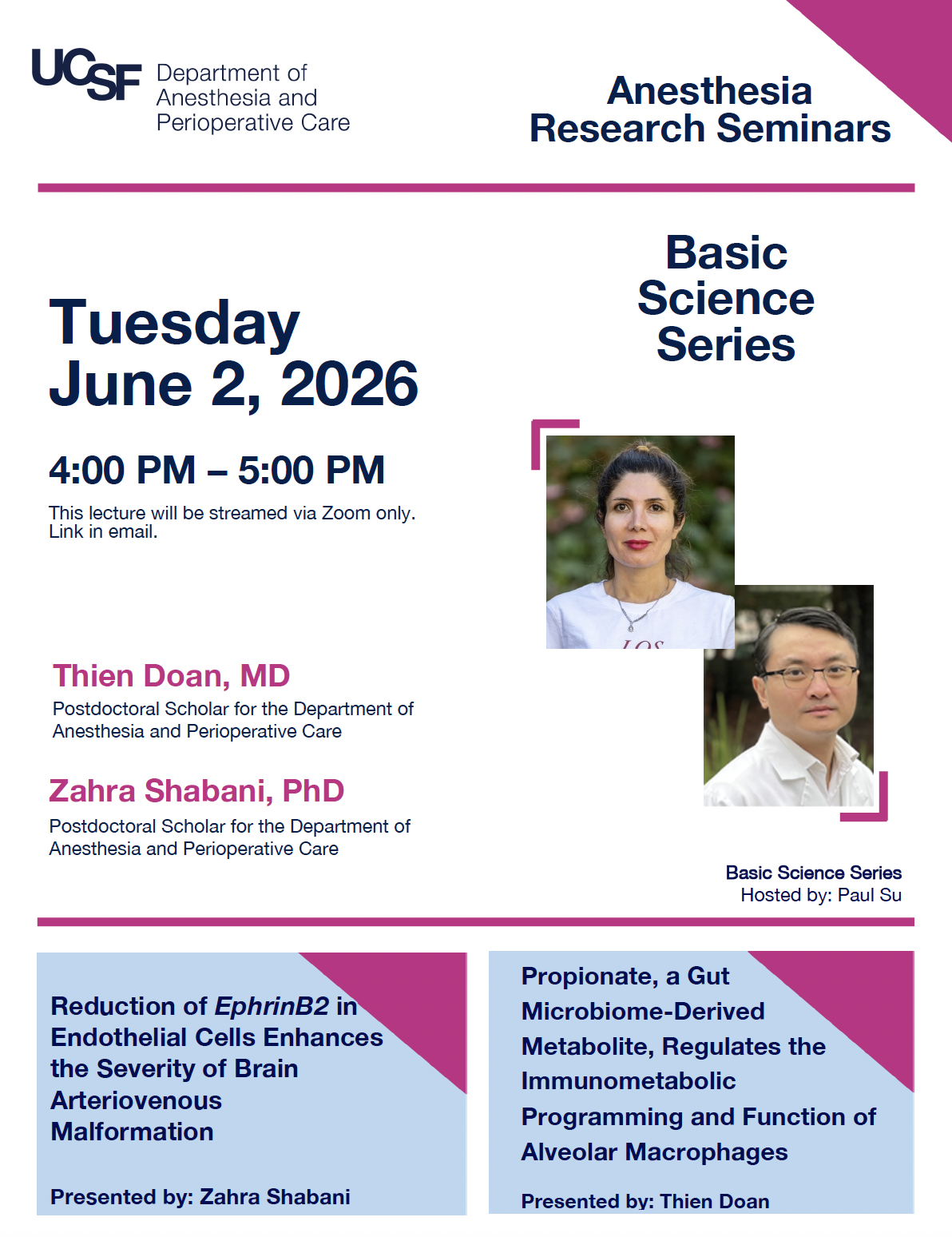 Event flyer featuring a woman with dark hair and white shirt and a man with short dark hair wearing glasses and a white lab coat.