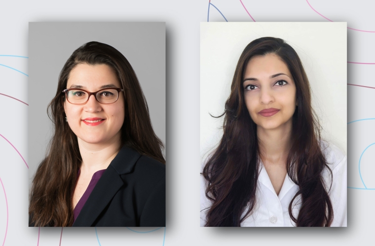 Portraits of two woman against a background of colored lines. Both woman have long dark hair.