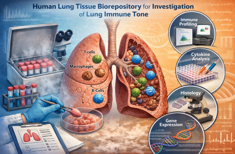 Human lung tissue biorepository for investigation of lung immune tone diagram with t-cells, macrophages, b-cells, immune profiling, cytokine analysis, histology, and gene expression.
