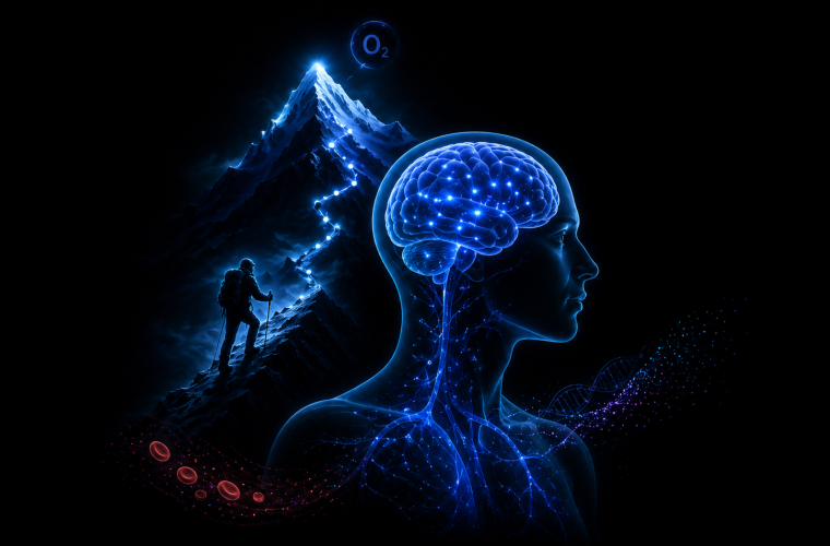 A blue and purple drawing on a black background showing a human brain and a person climbing a mountain.
