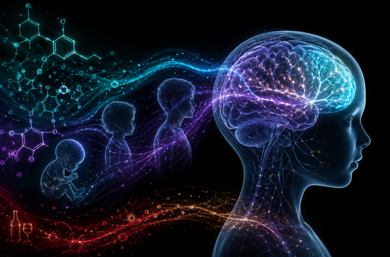 A blue and purple graphic of a human brain with wavy lines connecting to other brains with a black background.