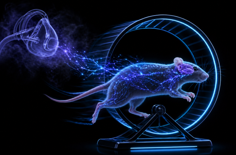 A blue and purple outlined graphic of a mouse running on a wheel with a black background.