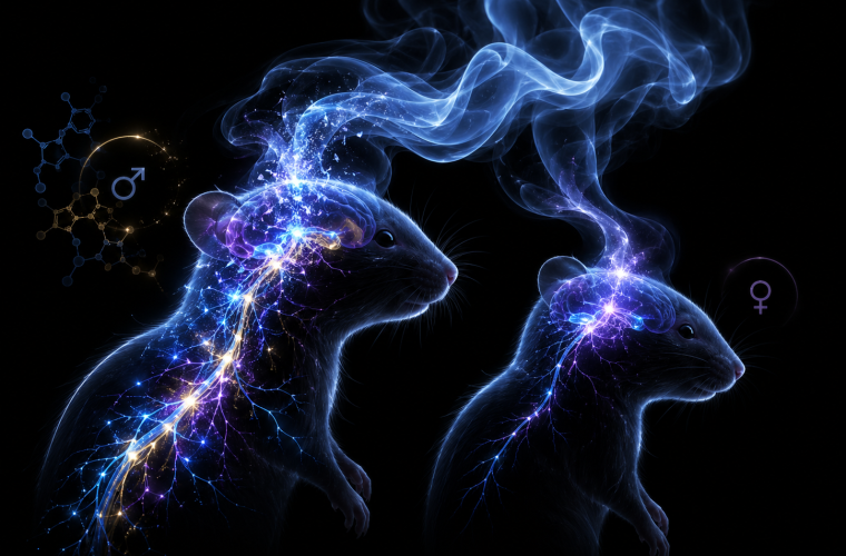 A blue and purple drawing on a black background showing a male and female mouse with wavy lines connecting them.
