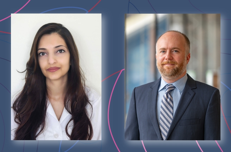 Two people in separate frames with a blue background. On the right a person with short brown hair and beard wearing a suit and tie, on the left a person with long dark brown hair wearing a white shirt.