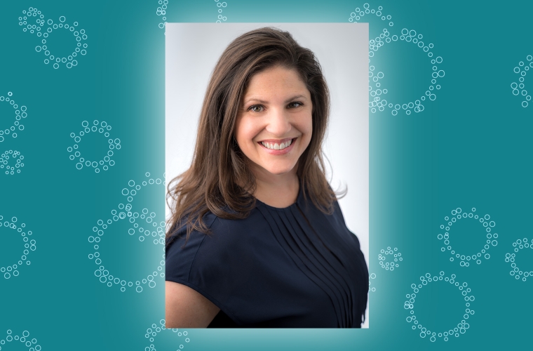 Teal background with white line drawings of circles with a headshot of a smiling person with long wavy brown hair wearing a black shirt.