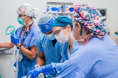 Dr. Kate Kronish, liver transplant anesthesiologist, and colleagues in the OR at Parnassus