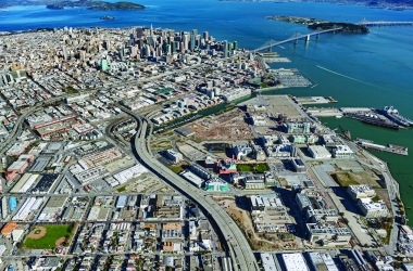Aerial view of UCSF Mission Bay Campus and SF Bay