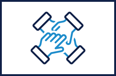 Blue outlined icon of four overlapping hands.
