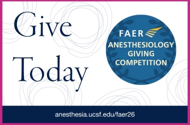 Pink and navy blue graphic for FAER Anesthesiology Giving Competition reading "Give Today."