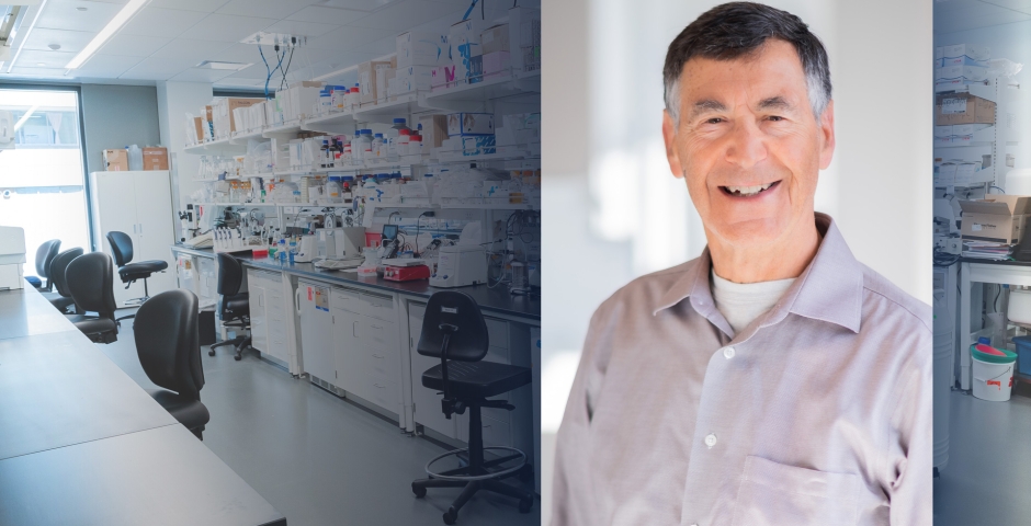 Smiling man with short dark hair layered over a separate scene of a laboratory space