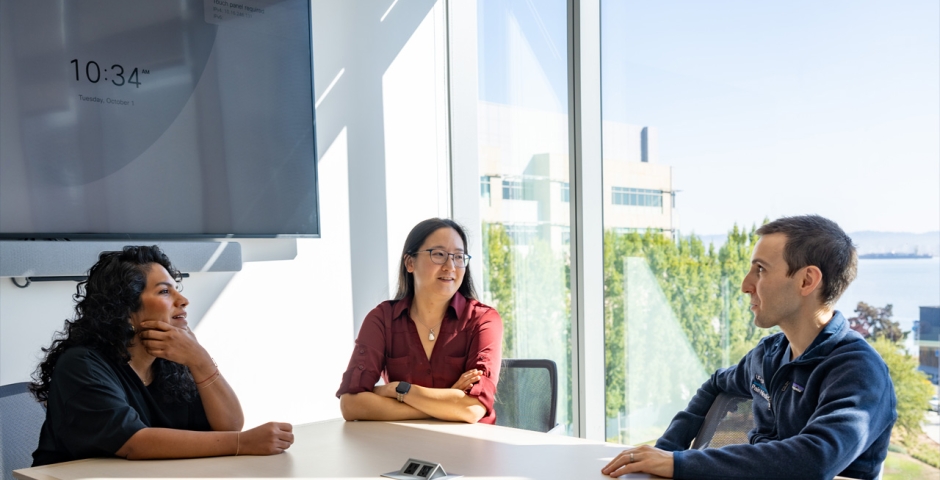 Three doctors seated at a conference room table engaged in conversation, large windows behind them look out to a view of trees, sky and water.
