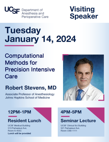 Event flyer featuring photo of a man with short dark hair wearing a white lab coat