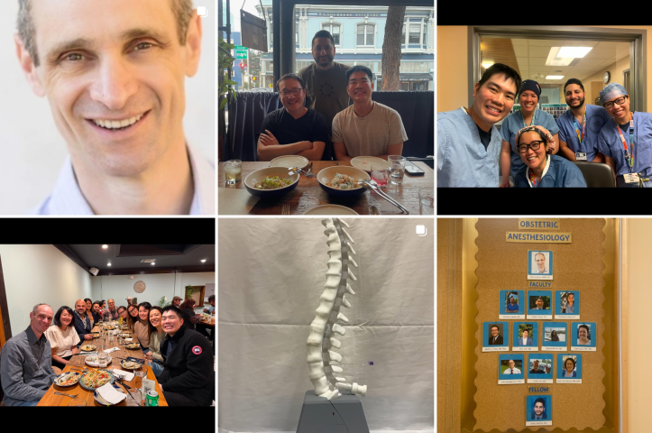 Instagram grid of images featuring a smiling man, groups of people together sharing meals and a model of a human spine.