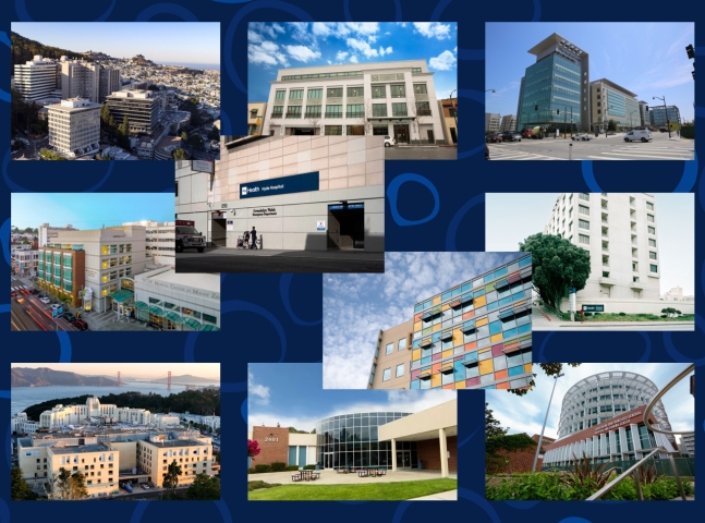 A composite of 10 images of different medical buildings with a background of dark navy.