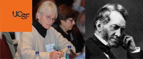 Photo of faculty taking notes at Anesthesia 50th Anniversary Symposium, along with a photo of Edward Dickson and the UCSF orange logobox