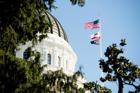 Sacramento Capital Building spire and flags