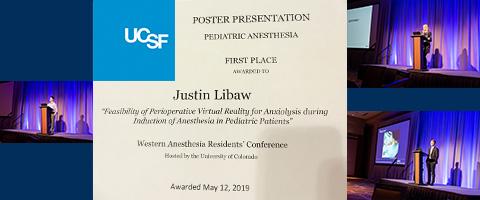 Just Libaw's 1st Place Poster Certificate and photos of UCSF Anesthesia oral presentation speakers