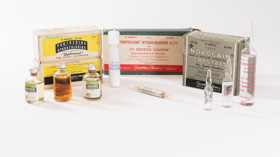 small vials of old novocain and other anesthesia-related medications.
