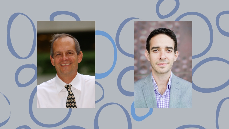 headshots of two men on a graphic background