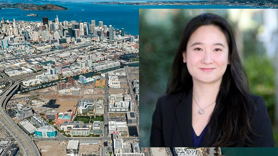 Aerial view of downtown San Francisco from the UCSF Mission Bay Campus, with overlay of woman with long dark hair