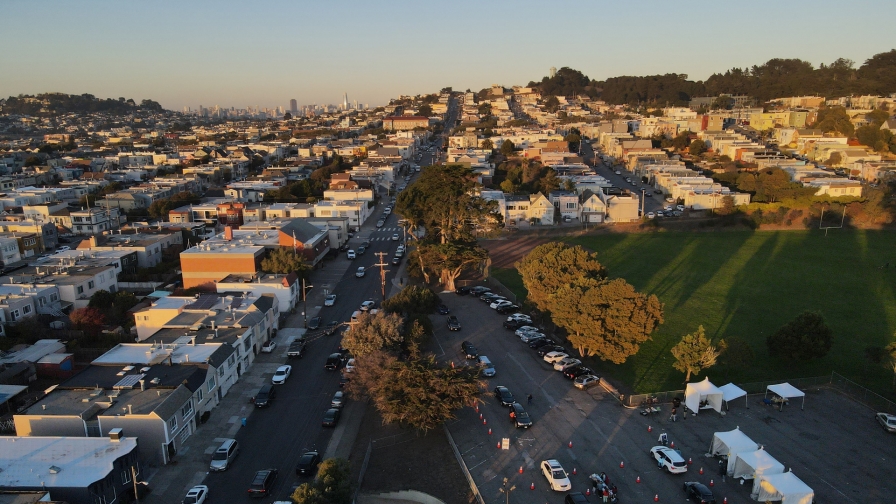 Aerial view of the free drive-through COVID-19 popup test site operated by United in Health and UCSF partners at Crocker-Amazon park in Excelsior district in San Francisco on Monday, Dec 1, 2020.