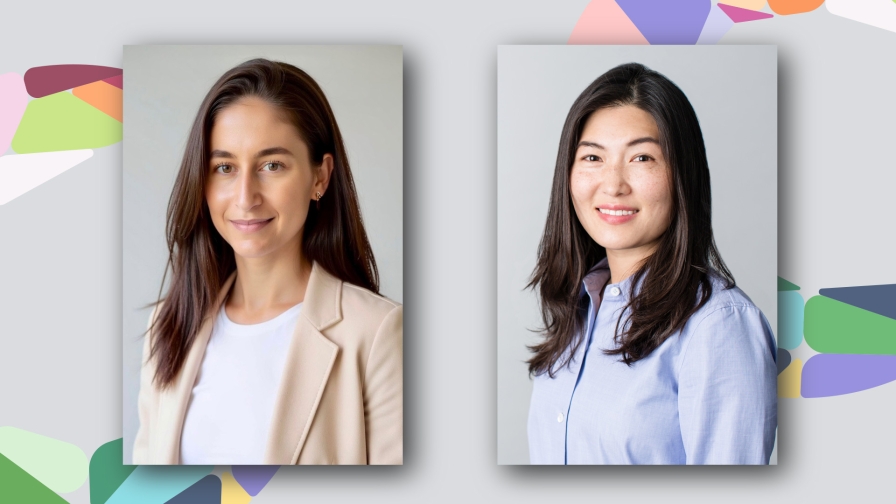 Portraits of two smiling women with long dark hair on a background with multicolored geometric shapes.