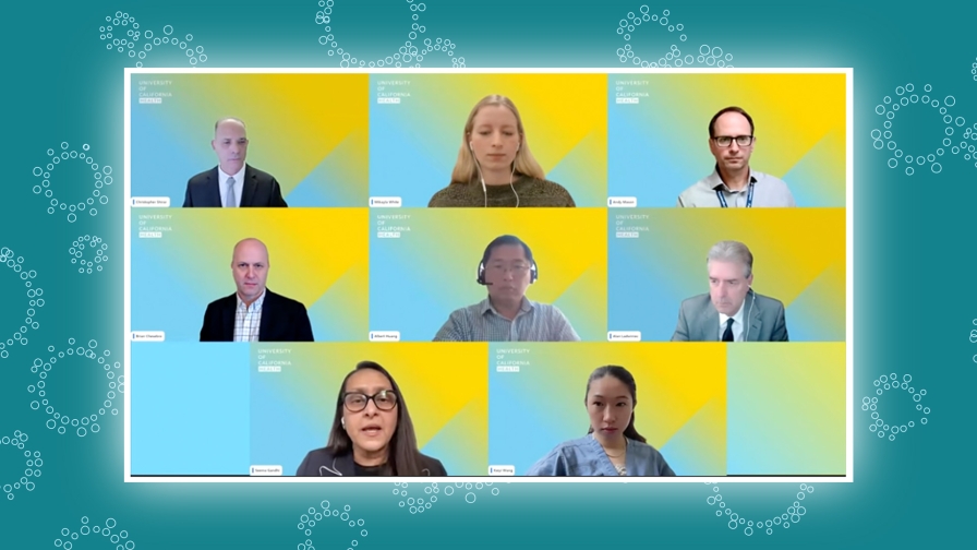 Grid of 8 zoom windows with people in professional attire and scrubs with UC Health backgrounds of light blue and yellow.