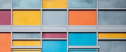 Different colored wall and window panels on the UCSF Benioff Children's Hospital, Oakland building